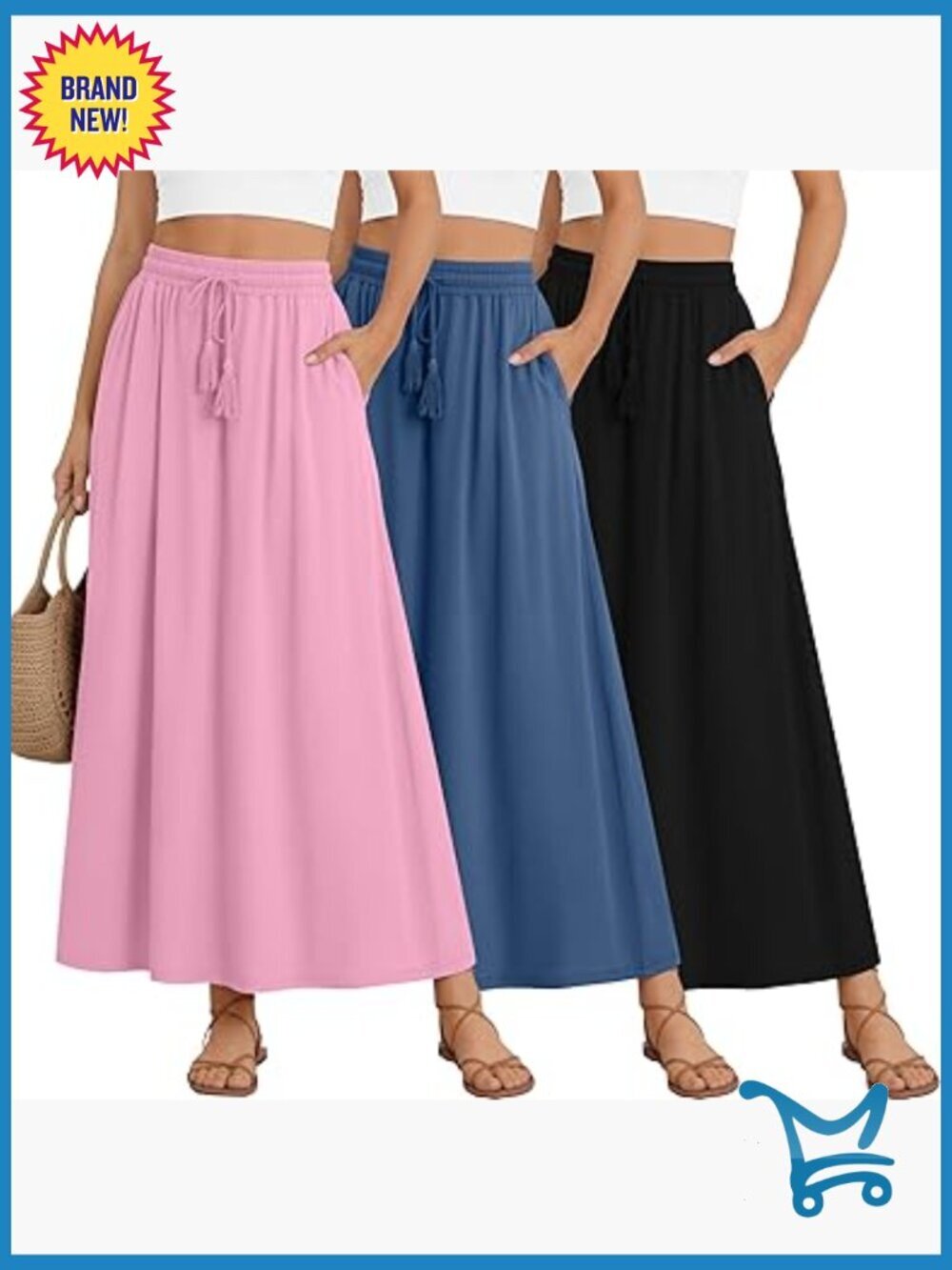 3-Pack Maxi Skirts Ankle Length Elastic Waist A-Line Flowy Casual with Pockets
